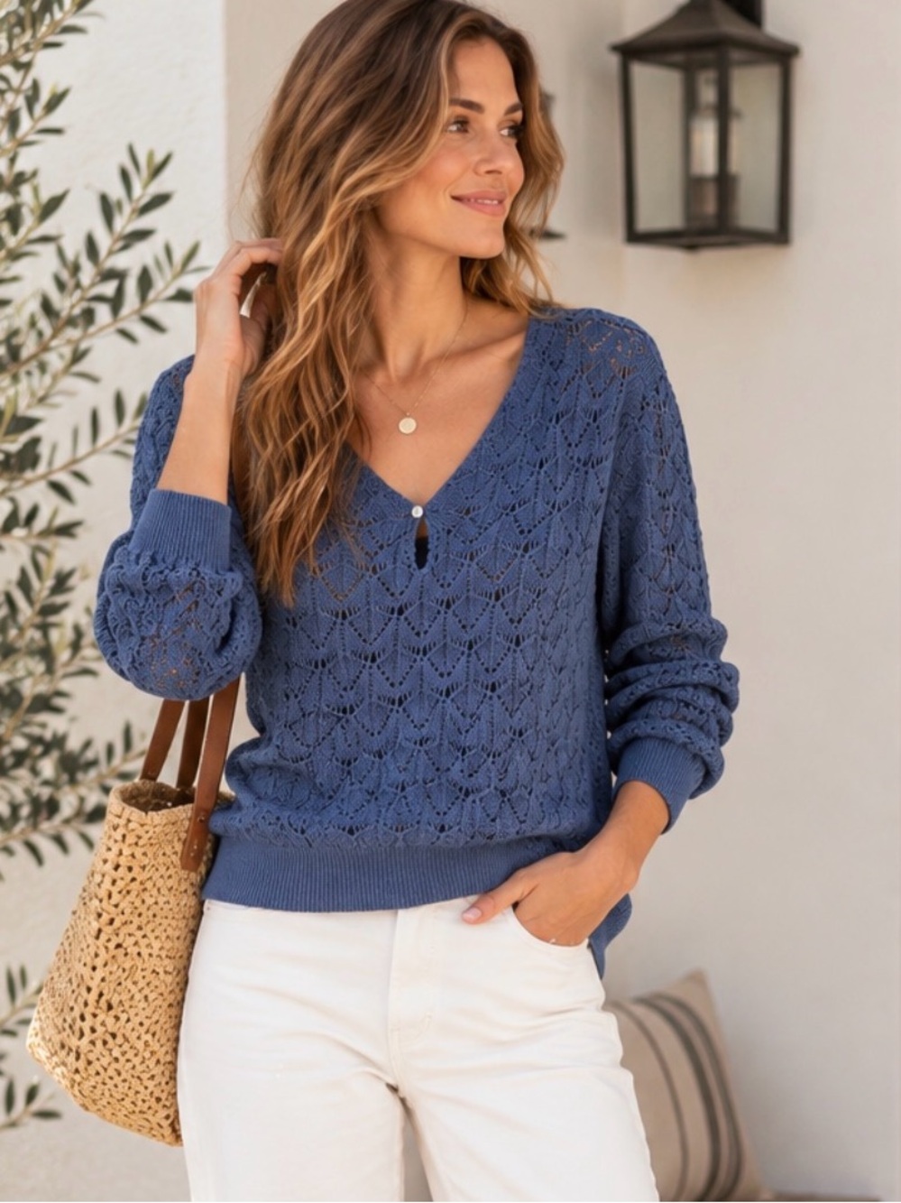 NWT Sundance Blue Open Knit Crochet Sweater XXL Cotton Modal V Neck Boho